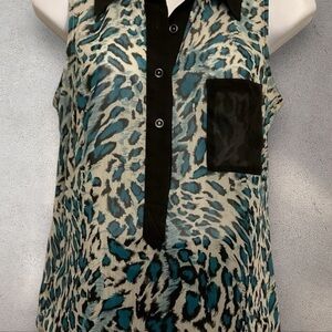 h.i.p. Teal and Black Leopard Print Sheer Tunic Sleeveless Blouse size Small